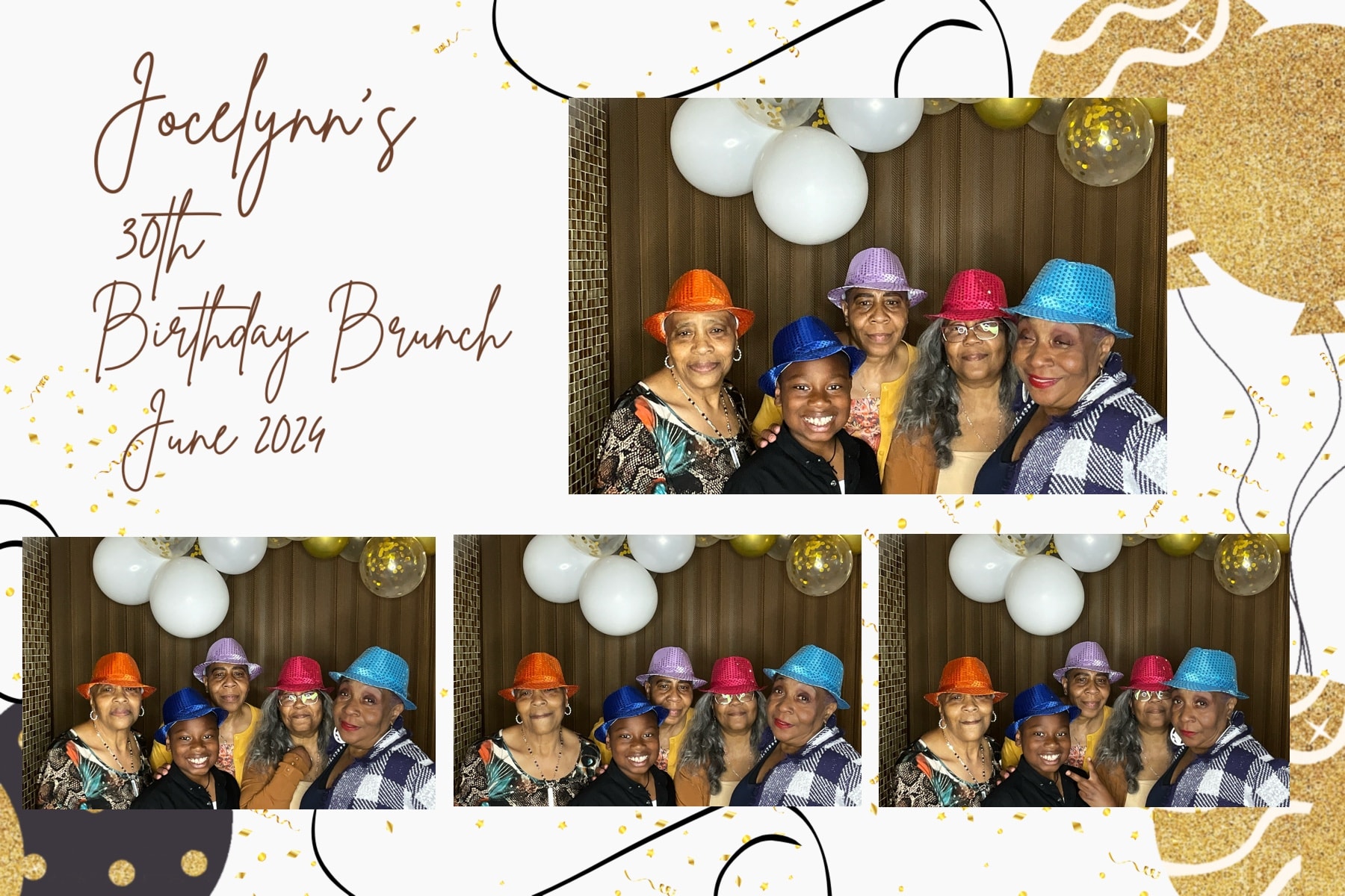 Group wearing colorful sequin hats at Jocelynn's 30th birthday brunch photo booth