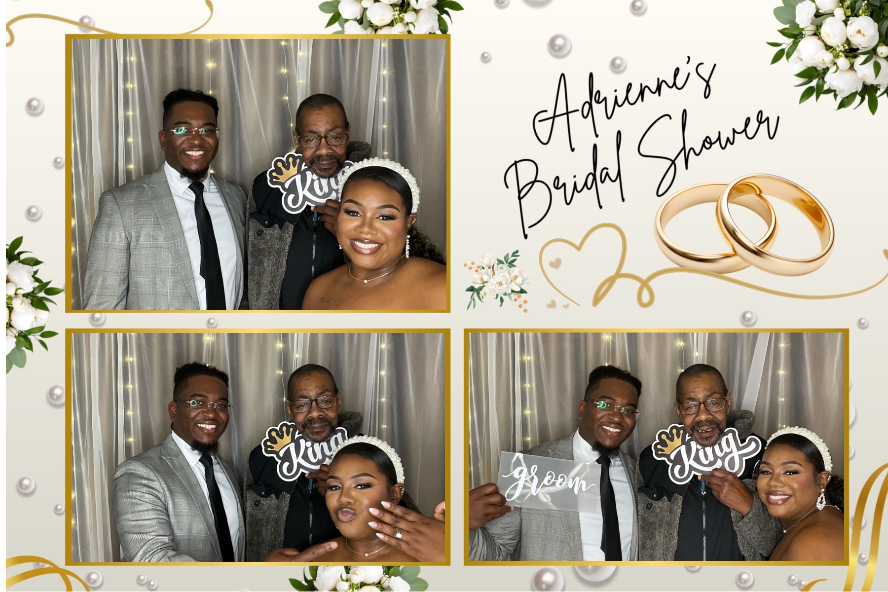 Guests posing with King prop at elegant bridal shower photo booth