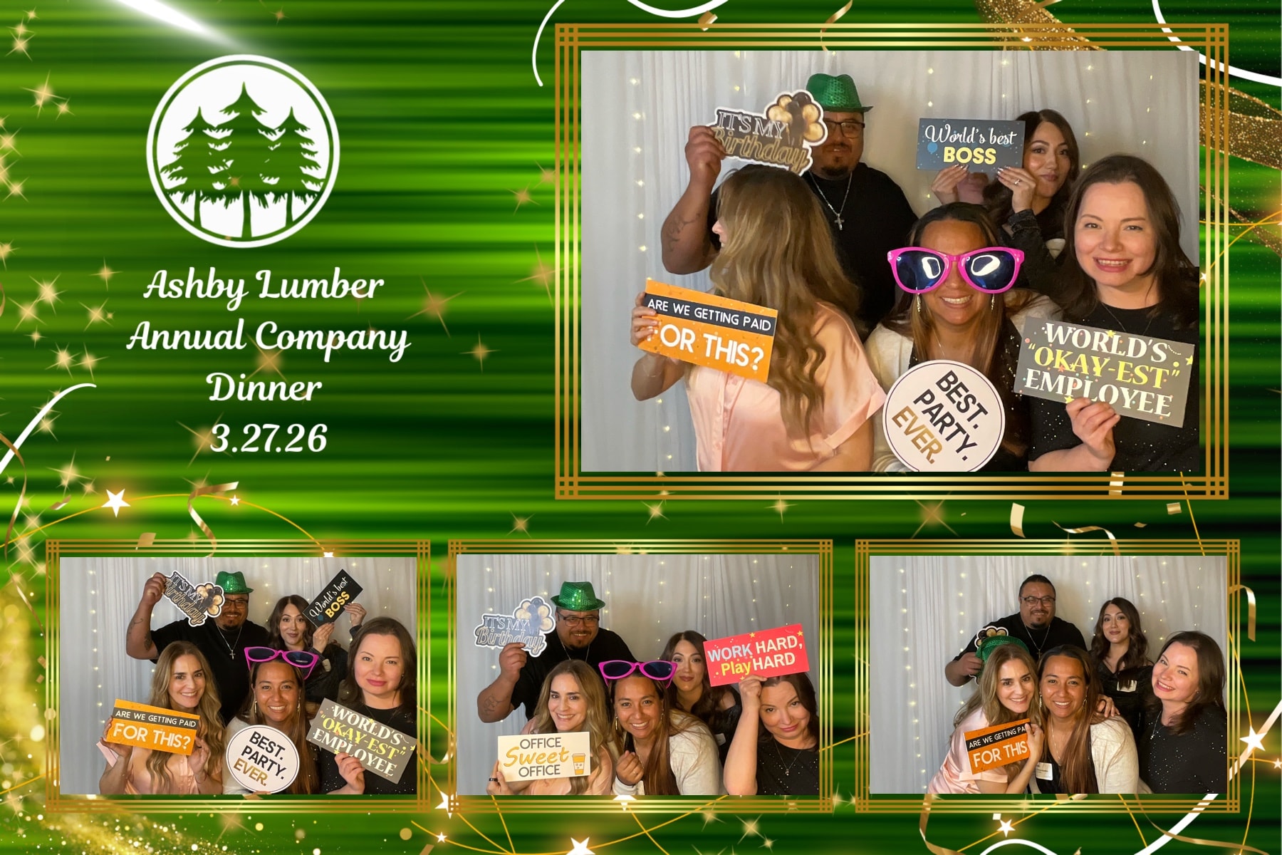 Employees having fun with props at Ashby Lumber company dinner photo booth
